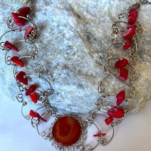 Woven alpaca and carnelian red stone choker